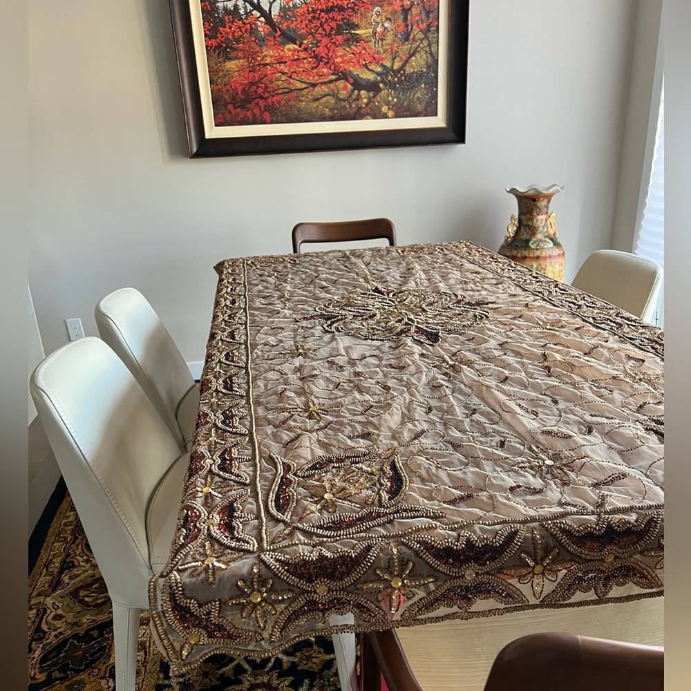 Elegant Brown Beaded Embroidered Tablecloth – 42” x 85.5”